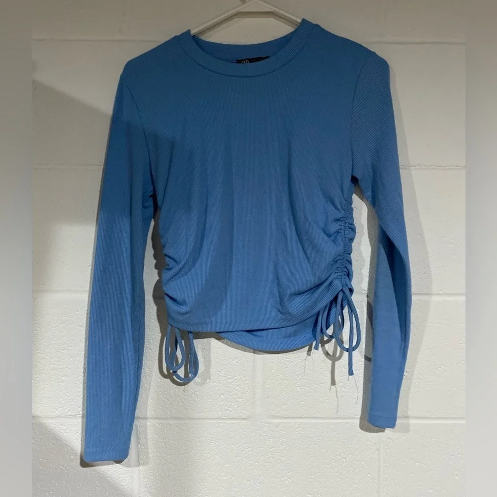 Zara Sky Blue Ruched Long Sleeve Top large